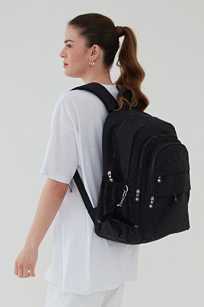 Rosso Collina Unisex Krinkıl Kumaş Su itici Büyük Boy Çok Gözlü Siyah Seyahat Sırt Çantas Lise Ortaokul universite