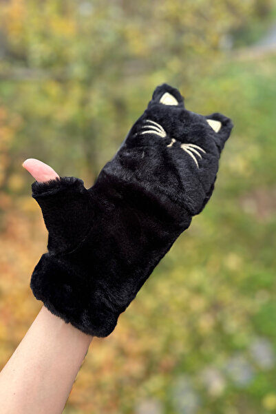 novon Cute Black Cat Design Premium Plush Gloves with Fur Cover Buttons Inside