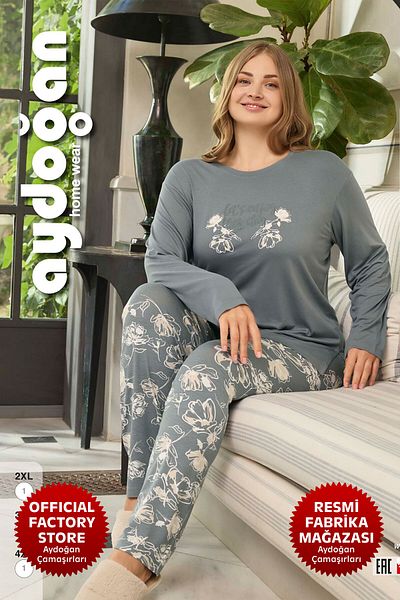Aydoğan Γκρι Viscose Crew Neck Μακρυμάνικο Σετ Πιτζάμες Plus Size - Aydogan ®