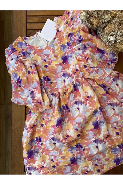 Baby Rochie pentru fetiță din viscoză din bumbac, cu mâneci fluide, căptușite multicolore Babyaden