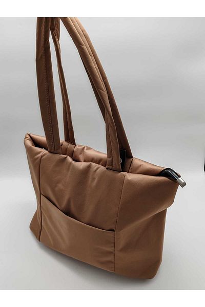 kumasfabrik Women's Brown Zippered, Snap Pocket Detailed Lined Hand and Shoulder Bag - Fabric Tote Bag