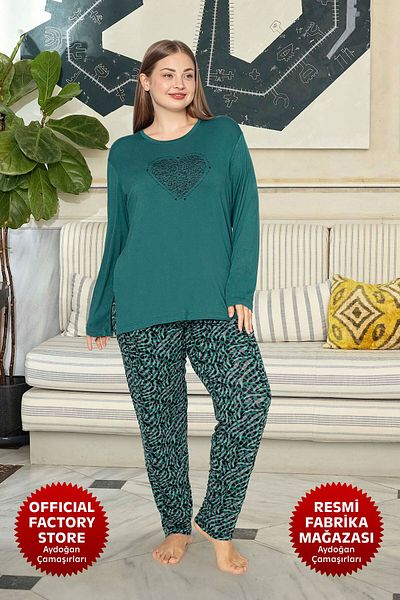 Aydoğan Green Viscose Plus Size Pajamas Set - Crew Neck, Long Sleeve B16-3 Aydogan ®