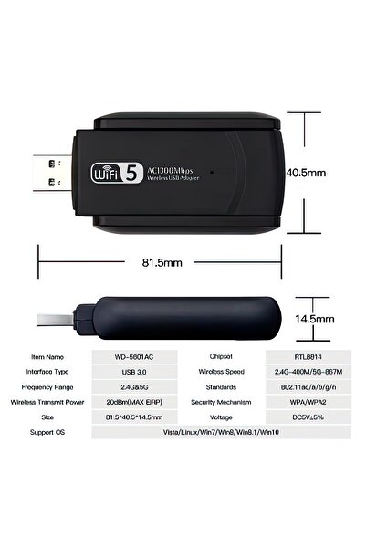Genel Markalar Kablosuz Wifi Alıcı Dual Band Usb 3.0 Adaptör AC1300 Mbps (2025 yeni model)