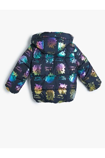 Koton Oversize Puffer Jacket Jednorožec s potištěnou klopou a fleecovou podšívkou