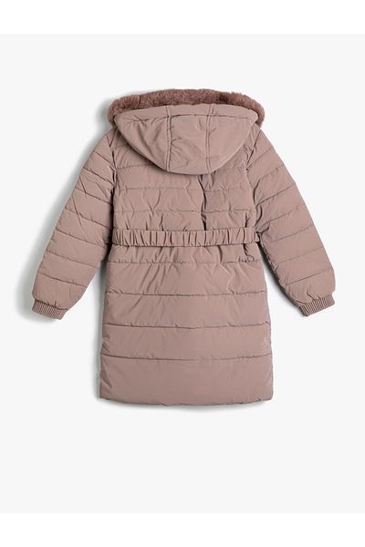 Koton Long Puffer Jacket Plush Hooded Belt Detailed Pocket