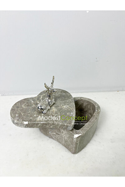 Modestmar Gri Mermer  Kalp Kase Gümüş Geyik Objeli