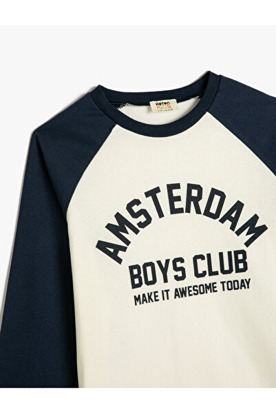 Koton Κολεγιακό T-shirt με μακρυμάνικο λαιμόκοψη με λεπτομέρεια βαμβακερό