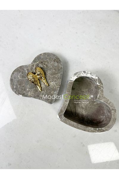 Modestmar Gray Marble Heart Bowl with Gold Angel Wing Object
