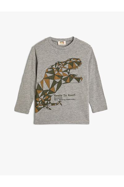 Koton T-Shirt Dinosaur Printed Long Sleeve Crew Neck Cotton