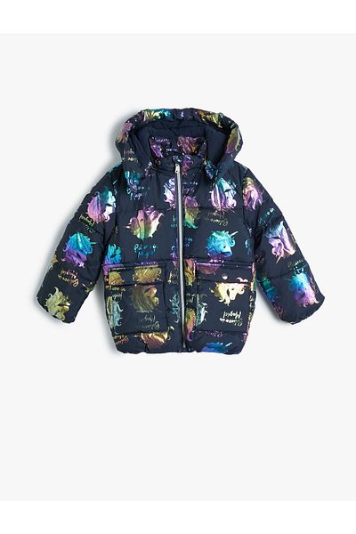 Koton Oversize Puffer Jacket Jednorožec s potištěnou klopou a fleecovou podšívkou