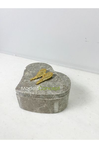 Modestmar Gray Marble Heart Bowl with Gold Angel Wing Object