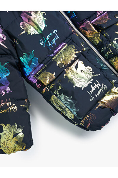 Koton Извънгабаритно пухено яке с щампа на еднорог и джоб с полар