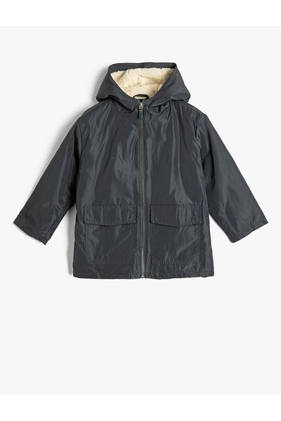 Koton Hooded Coat Fleece Lined Zippered Pocket Detailed