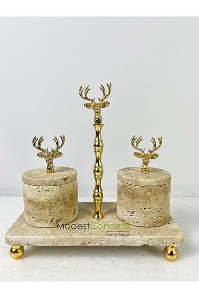 Modestmar Travertine Marble - Set of 3 Spice Rack, Gold Deer
