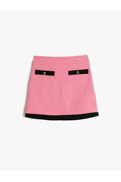Koton Tweed Skirt with Pocket Applique Color Contrast Cotton