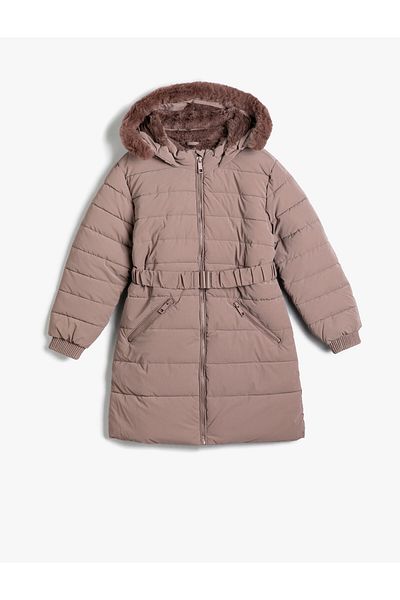 Koton Long Puffer Jacket Plush Hooded Belt Detailed Pocket