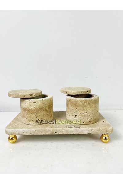 Modestmar Travertine Marble - Set of 3 Spices with Lid
