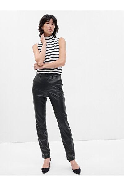 GAP Kadın Siyah Mid Rise Suni Vegan Deri Downtown Pantolon