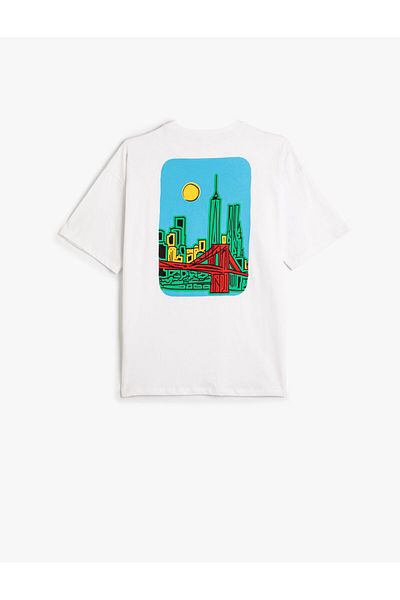Koton Βαμβακερό μπλουζάκι με κοντό μανίκι City Themed με λεπτομερή λαιμόκοψη