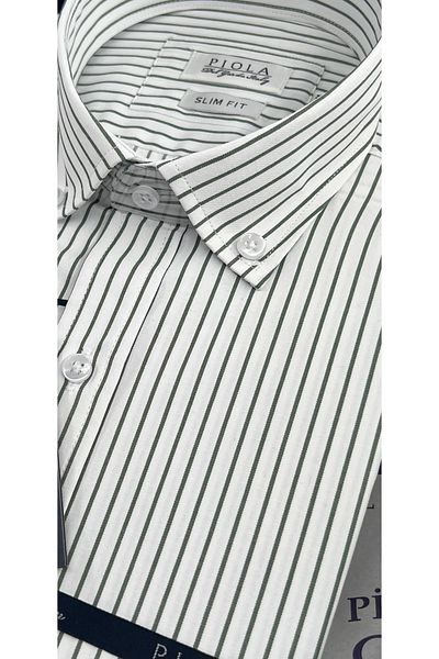 Piola Club Ανδρικό γιακά πουκάμισο Khaki Slim Fit με ριγέ σχέδιο με κουμπιά