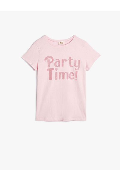Koton T-Shirt Glitter Print Detailed Short Sleeve Crew Neck Cotton