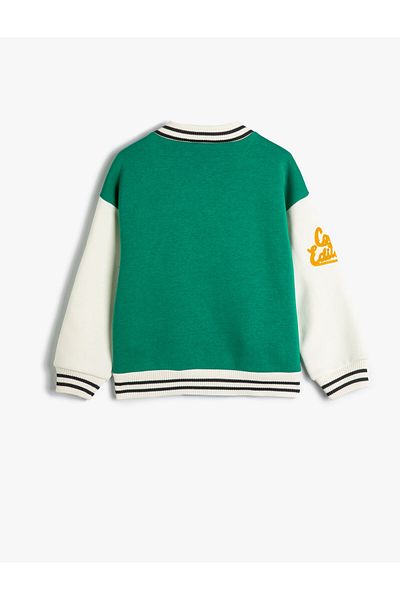 Koton Round Neck Pocketed Bomber College Jacket - Applique Detailed