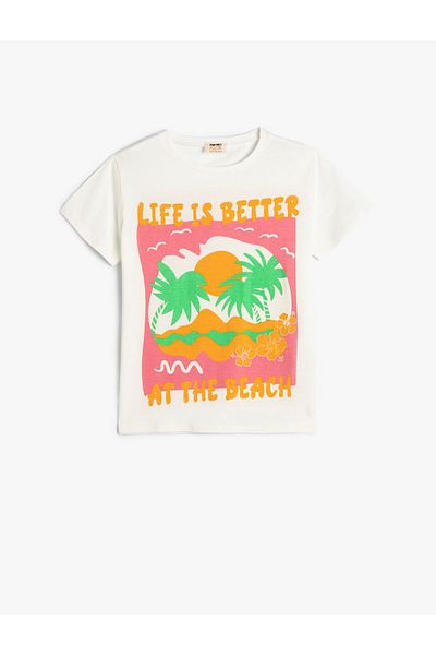 Koton T-Shirt Short Sleeve Crew Neck Summer Themed Print Detailed Cotton