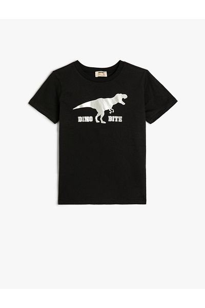 Koton Metallic Print Detailed Dinosaur T-Shirt Short Sleeve Crew Neck Cotton