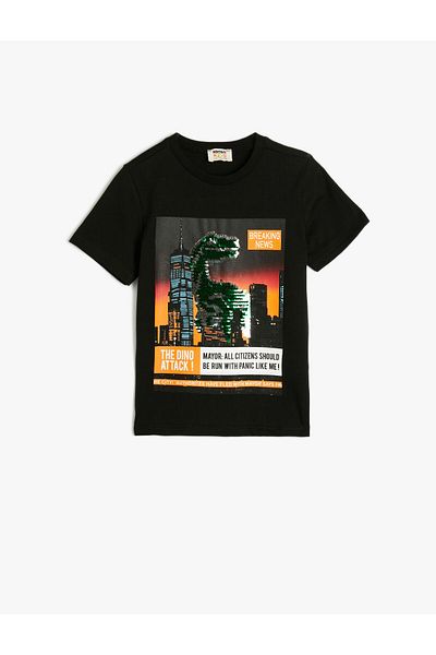 Koton Kurzärmliges Dinosaurier-T-Shirt aus Baumwolle – Rundhals