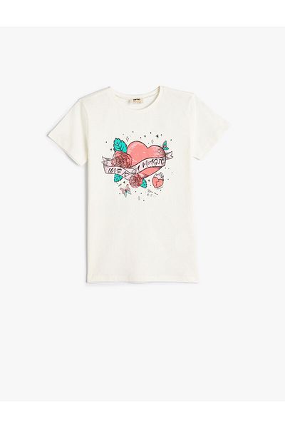 Koton Κοντομάνικο T-Shirt Heart Glitter Crew Neck Βαμβακερό