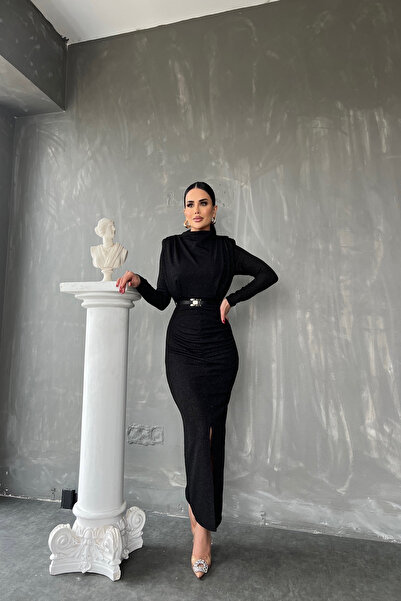 Genel Markalar Simli Vatkalı Kemerli Elbise