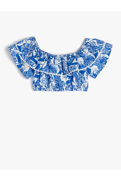 Koton Kurze Bluse, ärmellos, offene Schultern, Rüschen, Blumenmuster, Baumwolle