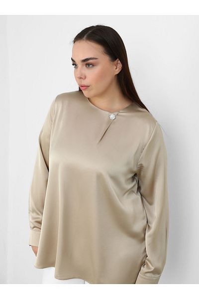 ALİA Cream Satin Blouse - Plus Size, Stone Detailed - Alia