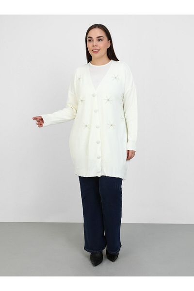 ALİA Bead Detailed Large Size Knitwear Cardigan - Bone - Alia