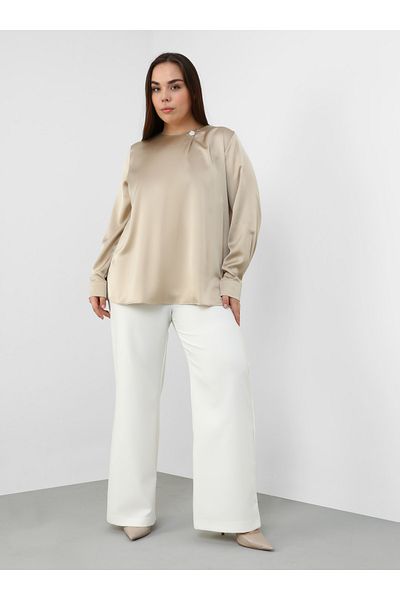 ALİA Cream Satin Blouse - Plus Size, Stone Detailed - Alia