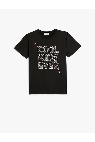 Koton Cotton Short Sleeve T-Shirt - Crew Neck, Slogan Printed