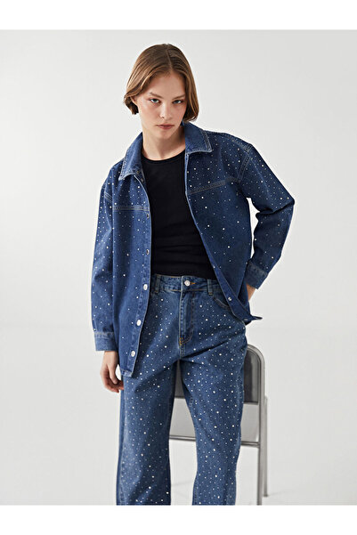 LC Waikiki LCW Modest Gömlek Yaka Parlak Taş Baskılı Oversize Kadın Jean Ceket