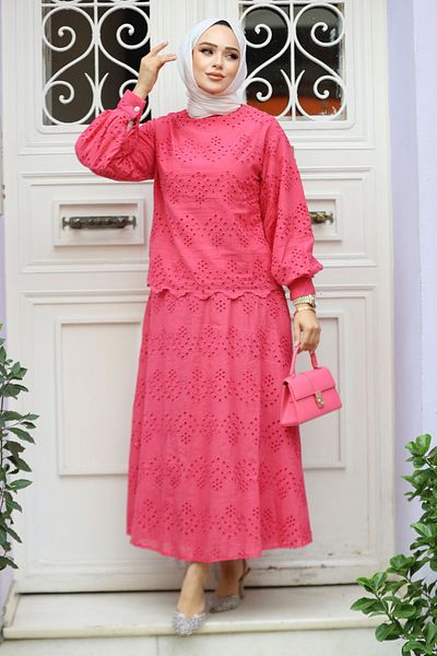 Neva Style Double Suit with Guipure Fuchsia Hijab Skirt 14181F
