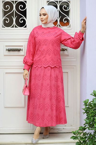 Neva Style Double Suit with Guipure Fuchsia Hijab Skirt 14181F