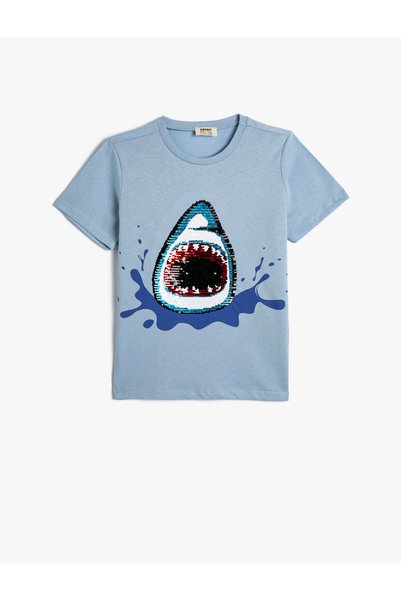 Koton T-Shirt Shark printed κοντό μανίκι με παγιέτες, βαμβακερή λαιμόκοψη