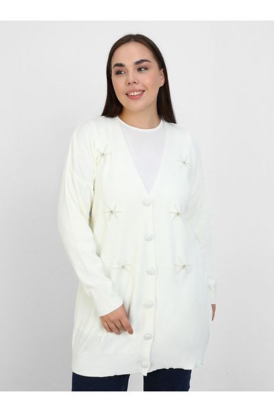 ALİA Bead Detailed Large Size Knitwear Cardigan - Bone - Alia