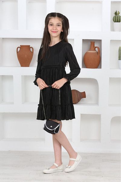 Asortik Kids Παιδικό ελαστικό πλεκτό σατέν μαύρο φόρεμα με πλισέ