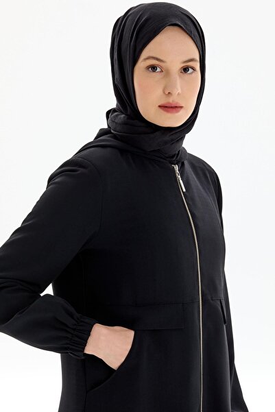 Tuğba Kapüşonlu Fermuar Kapamalı Ferace - Siyah