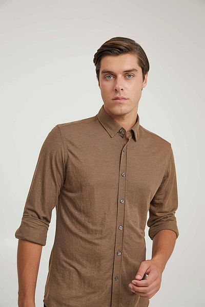 Twn Кафява обикновена риза Slim Fit
