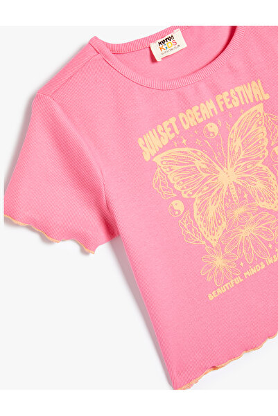 Koton Bawełniany T-shirt z krótkim rękawem i okrągłym dekoltem z nadrukiem w motyle