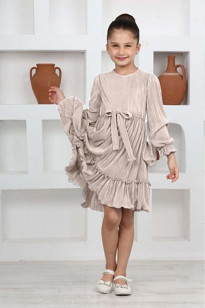 Asortik Kids Παιδικό ελαστικό πλεκτό σατέν μπεζ φόρεμα με πλισέ