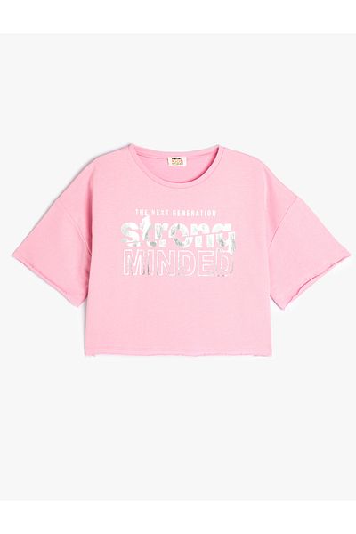 Koton Cotton Oversize Crop T-Shirt - Printed, Short Sleeve, Crew Neck