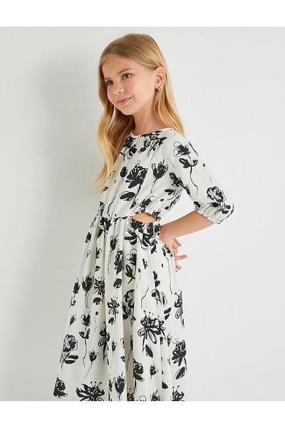 Koton Λινό Φόρεμα Floral Μπαλόνι μανίκι στρογγυλή λαιμόκοψη