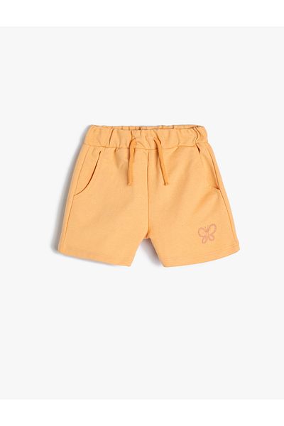 Koton Shorts with Tie Waist, Elastic Pocket and Butterfly Embroidery Detail