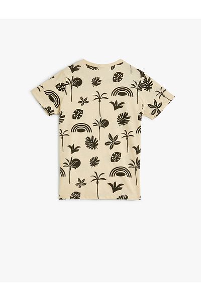 Koton Leaf Printed Cotton Short Sleeve T-Shirt - Crew Neck